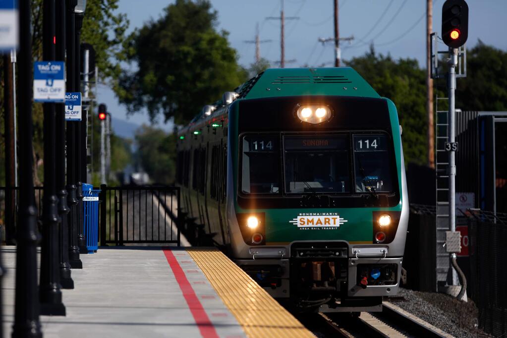 A northbound SMART train pulls into the station near the Sonoma County airport, in Santa Rosa, California, on Thursday, April 26, 2018. (ALVIN JORNADA/ PD)