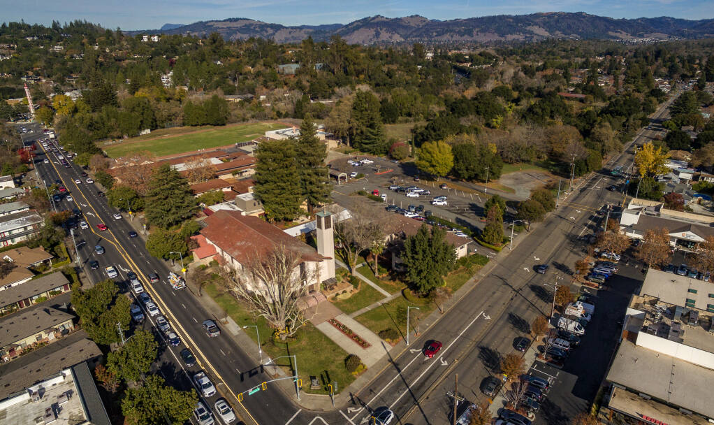 The Cathedral of St. Eugene’s campus looking northeast at the corner of Montgomery Drive, right, and Farmers Lane in Santa Rosa on Friday December 2, 2022.  (Chad Surmick / Press Democrat)