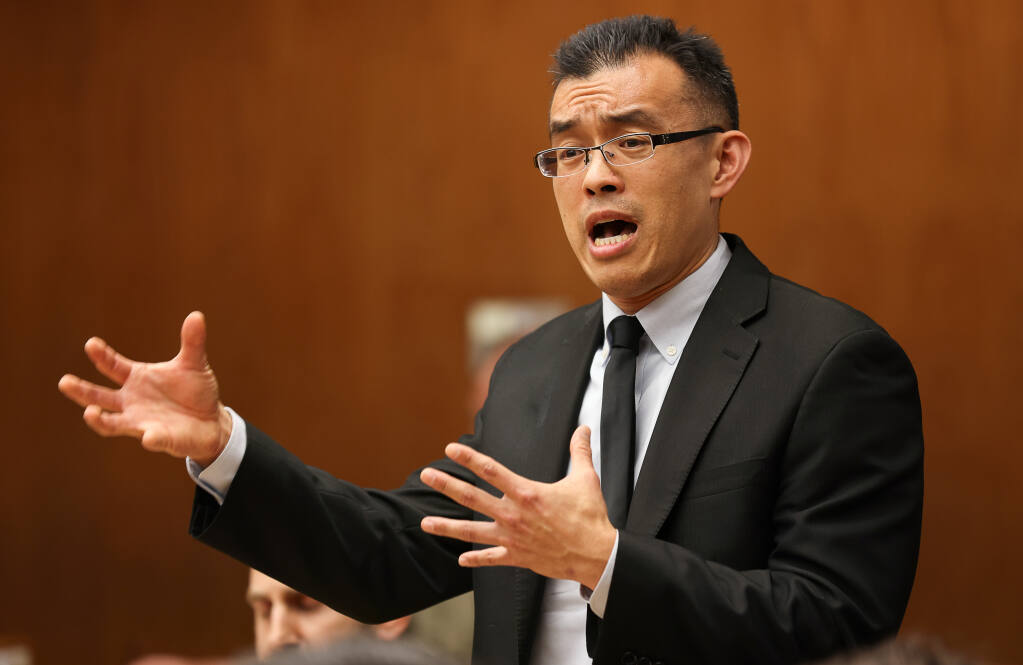 Wayne Hsiung presents his opening defense statement while appearing in Sonoma County Superior Court on charges of conspiracy and trespassing in connection with two animal rights demonstrations in May 2018 and June 2019, in Santa Rosa on Thursday, October 5, 2023.  (Christopher Chung/The Press Democrat)