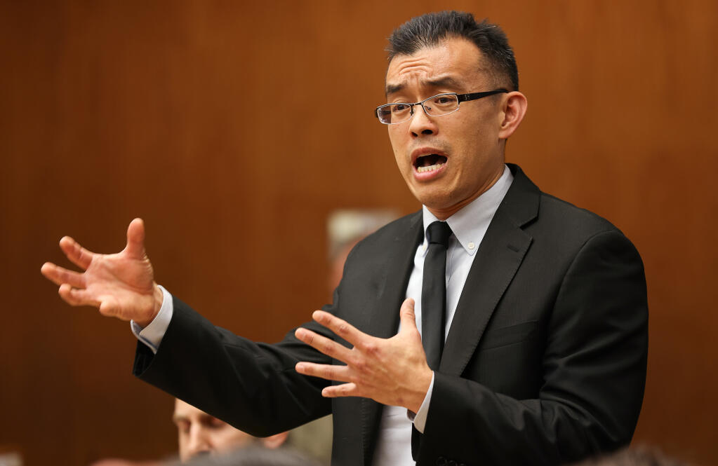 Wayne Hsiung presents his opening defense statement while appearing in Sonoma County Superior Court on charges of conspiracy and trespassing in connection with two animal rights demonstrations in May 2018 and June 2019, in Santa Rosa, Thursday, Oct. 5, 2023.  (Christopher Chung / The Press Democrat file)
