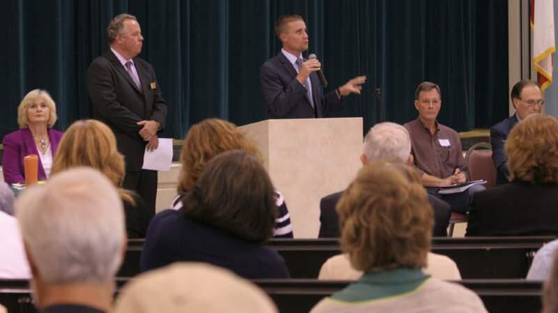 State Senator Mike McGuire speaks to a town hall on the fate of the Sonoma Developmental Center at a meeting last year. Also on stage are Supervisor Susan Gorin, then-Assemblymember Bill Dodd, and John McCaull of the Sonoma Land Trust. (Christian Kallen/Index-Tribune)