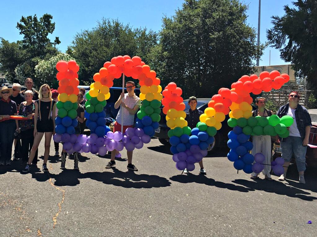 Alex Garber, third from left, has found the LGBT community very welcoming in Sonoma Valley. The SVHS club marched in the July 4 parade with LGBT seniors in town.