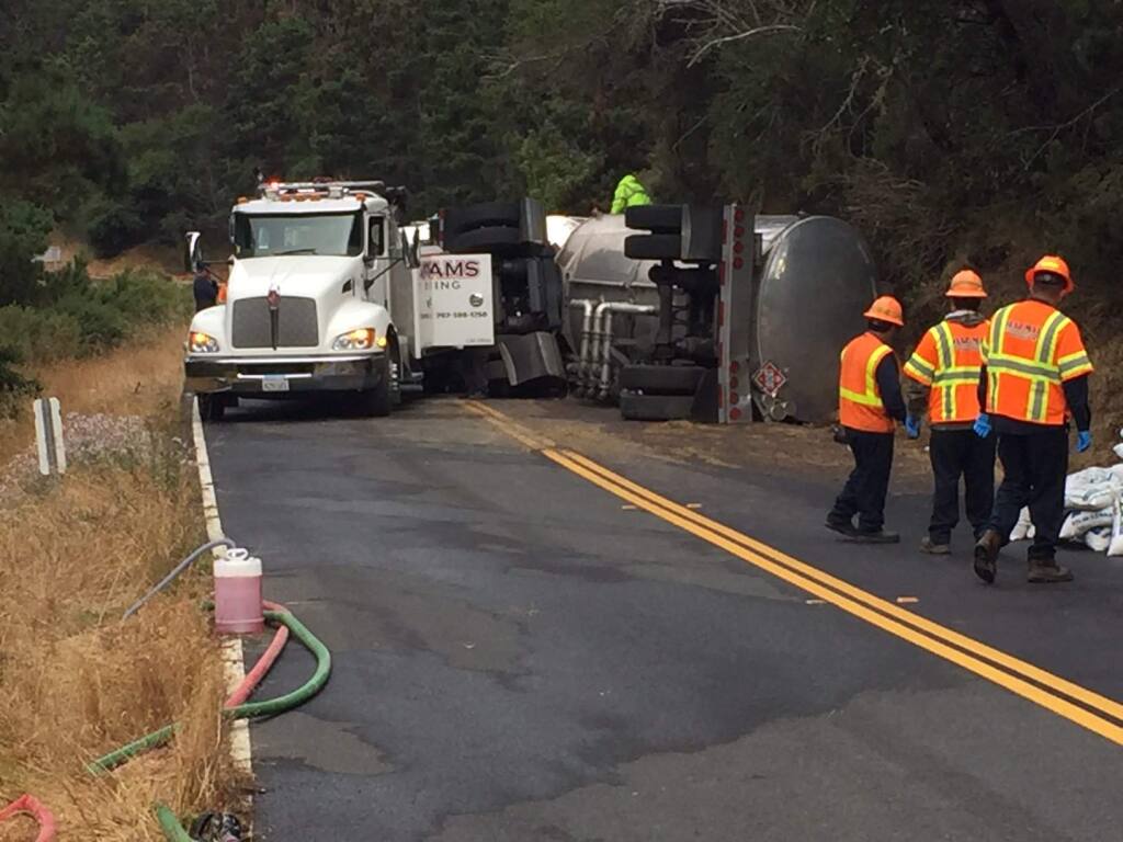 A response team from the California Department of Fish and Wildlife, Office of Spill Prevention and Response at the scene of a fuel truck accident on Highway 1 in Sonoma County on Wednesday, Aug. 16, 2017. (@CALSPILLWATCH)