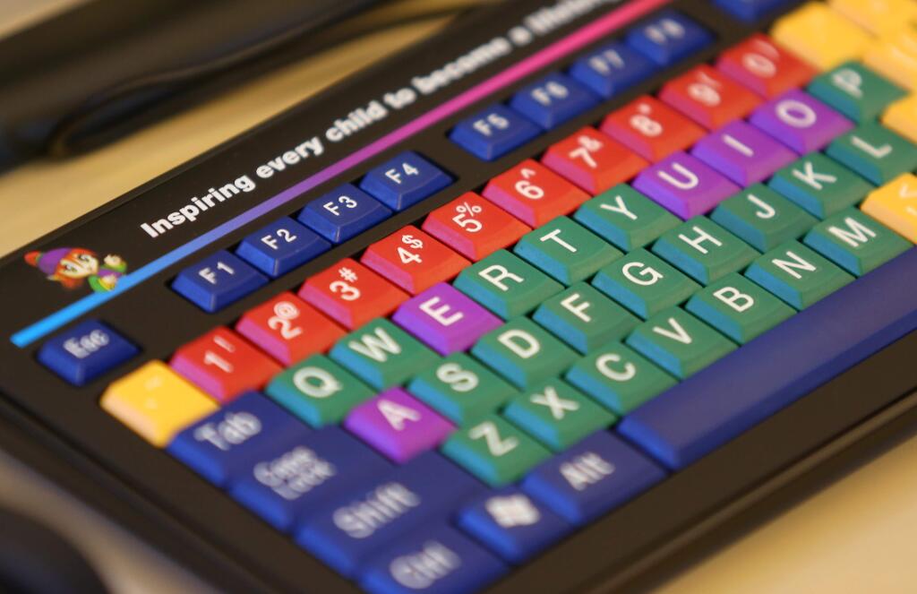 The colorful keyboard on the early literacy computer station at the Guerneville Regional Library.(Christopher Chung/ The Press Democrat)