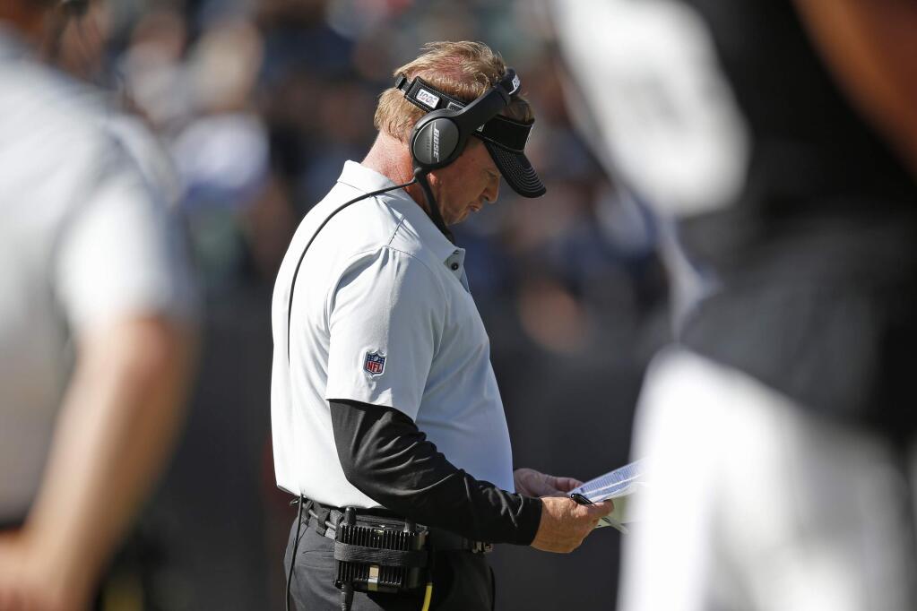Oakland Raiders head coach Jon Gruden stands on the sidelines during the second half Sunday, Sept. 15, 2019, in Oakland. Kansas City won the game 28-10. (AP Photo/D. Ross Cameron)