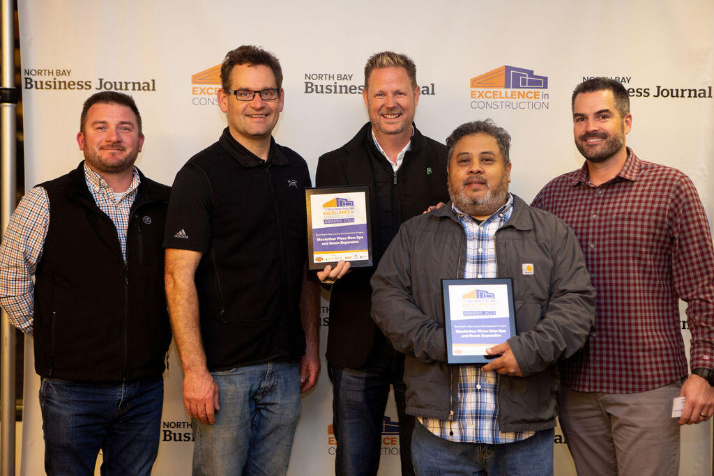 Winners of the “Best North Bay Luxury Development Project” pose with their awards at the Excellence in Construction Awards 2023 held at Sally Tomatoes in Rohnert Park.