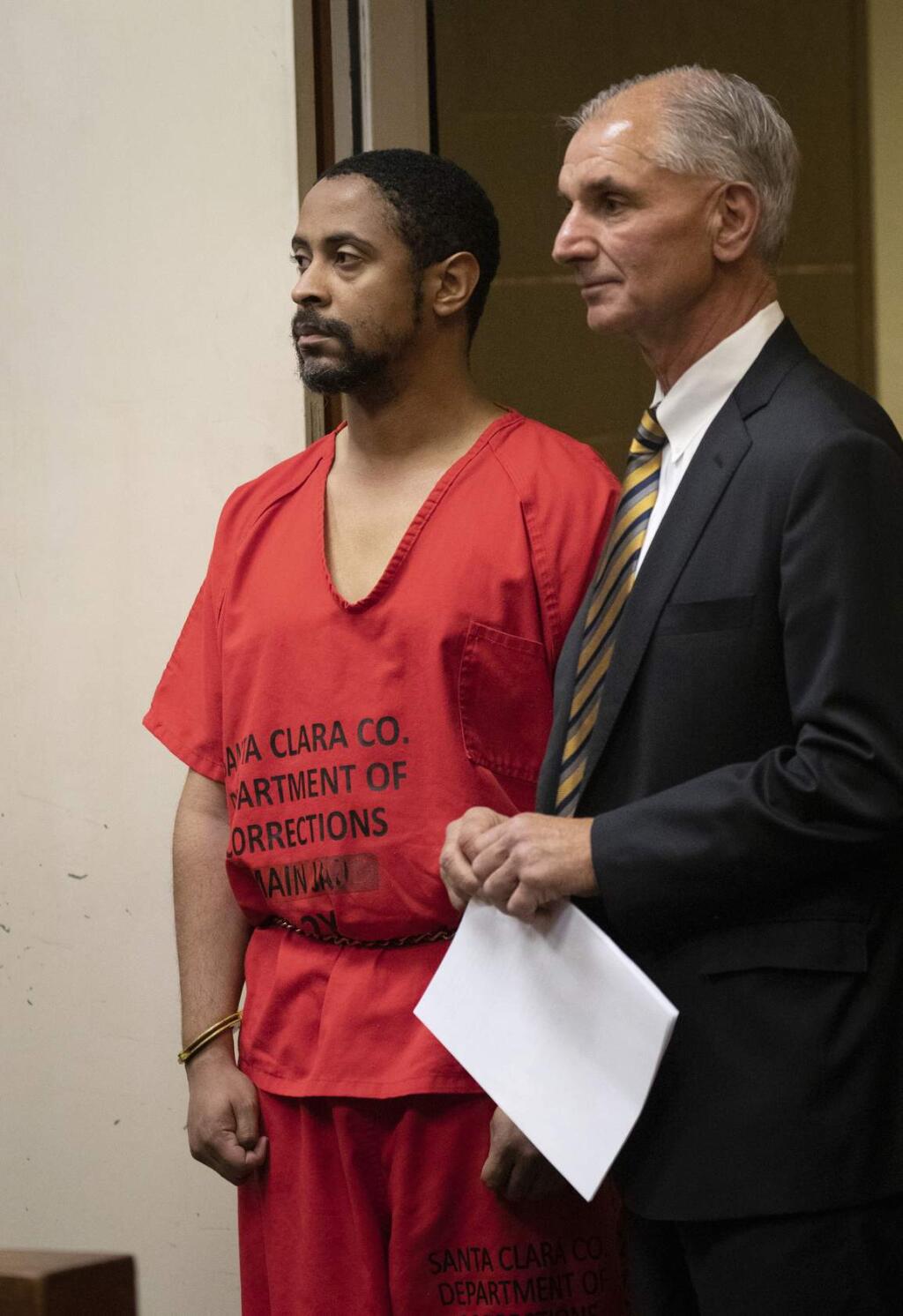 Isaiah J. Peoples appears for his arraignment in Santa Clara County Superior Court as his lawyer, Chuck Smith, stands at his side on Friday, April 26, 2019, in San Jose, Calif. The former U.S. Army sharpshooter Peoples is charged with eight counts of attempted murder after authorities say he deliberately plowed his car into pedestrians Tuesday. (Jim Gensheimer/San Francisco Chronicle via AP, Pool)