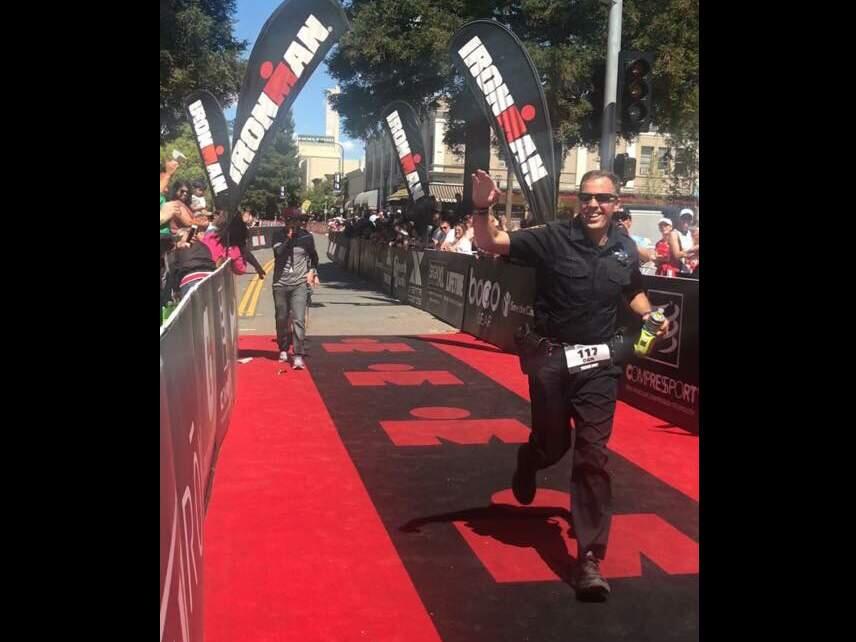 Tracy Police Cpl. Dan Pasquale cycled and ran in uniform in the Ironman 70.3 in Santa Rosa, Saturday, May 13, 2017. (Submitted Photo)
