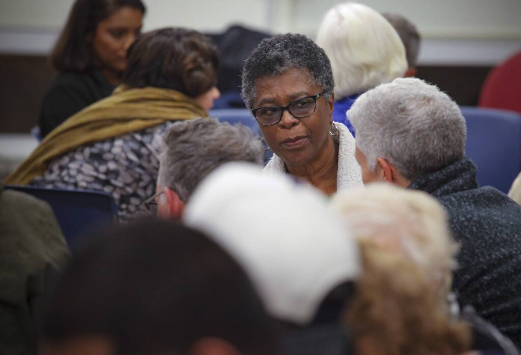 Along with her work with the Human Rights Commission, Faith Ross is currently involved in the community through Petaluma Blacks for Community Development (PBCD), Petaluma Historical Library and Museum, and the Petaluma Christian Church. Attendees of the meeting were asked to break up into smaller groups to speak openly about bias.(CRISSY PASCUAL/ARGUS-COURIER STAFF)