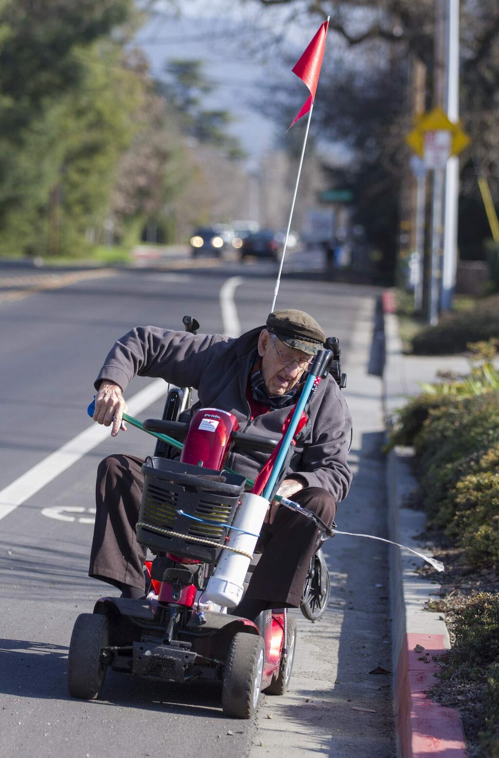 Ken Samuelson, a resident of Sonoma Senior Living on Napa Road, takes his daily scooter stroll and picks up any trash he spots on the busy Sonoma thoroughfares. (Photo by Robbi Pengelly/Index-Tribune)