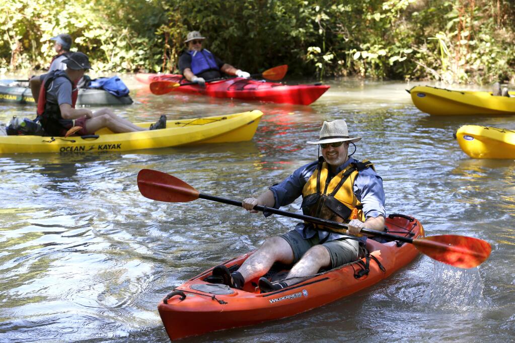Sonoma County Supervisor James Gore takes part in a float trip with a group of people gathered to discuss the future of the Russian River. Photo taken near Coyote Dam at Lake Mendocino in Ukiah, on Wednesday, August 24, 2016. (BETH SCHLANKER/ The Press Democrat)