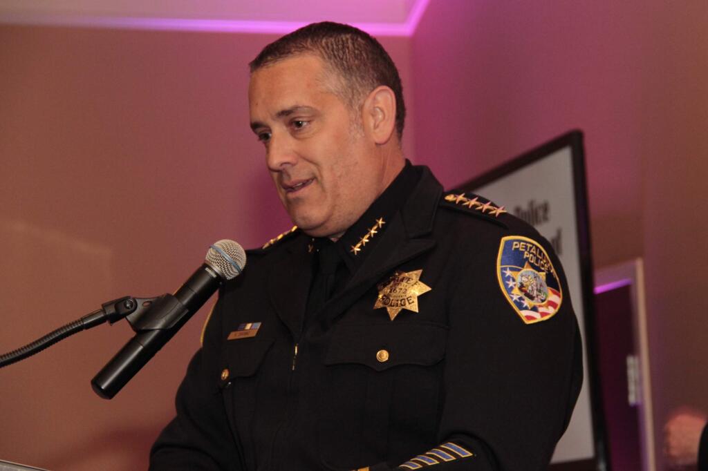 Petaluma Police Chief Ken Savano speaking to the crowd at the 2018 Petaluma Awards of Excellence held on April 5, 2018 at the Rooster Run Golf Club in Petaluma, CA. JIM JOHNSON for the Argus Courier.