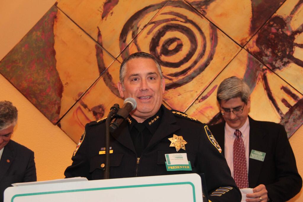 Petaluma Police Chief Ken Savano introducing the Police Officer of the Year at the 2019 Petaluma Awards of Excellence held on April 18, 2019 at the Rooster Run Golf Club in Petaluma, CA. JIM JOHNSON for the Argus Courier.