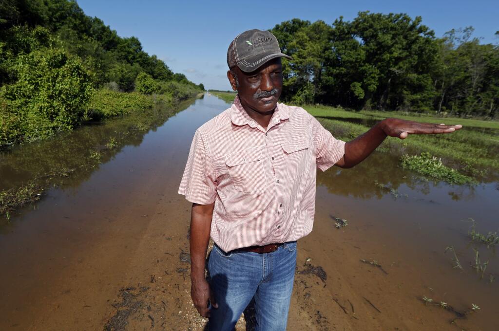 In this Thursday, May 23, 2019 photo, Larry Walls, a farmer and businessman, stands at the edge of a backwater flooded road leading to his 560 acres of rented farm land near Louise, Miss. Walls can no longer drive to the property without the possibility of getting flooded or stuck. (Rogelio V. Solis/AP)