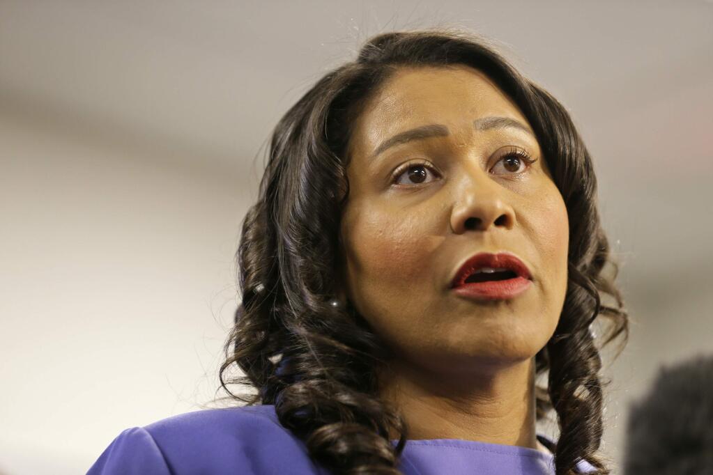 San Francisco Mayor London Breed during a news conference at the 9-1-1 call center at the San Francisco Department of Emergency Management Friday, Aug. 2, 2019, in San Francisco. (AP Photo/Eric Risberg)