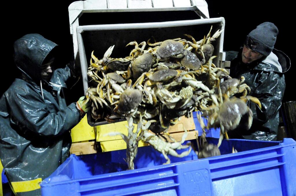 FILE - In this Dec. 22, 2010, file photo, Andrew Blair, left, and John Richer unload Dungeness crab in Charleston, Ore. The commercial fishing of Dungeness crabs has been delayed again for Oregon and parts of Washington and California, giving the crabs more time to plump up. (Benjamin Brayfield/The World via AP, File)/The World via AP)