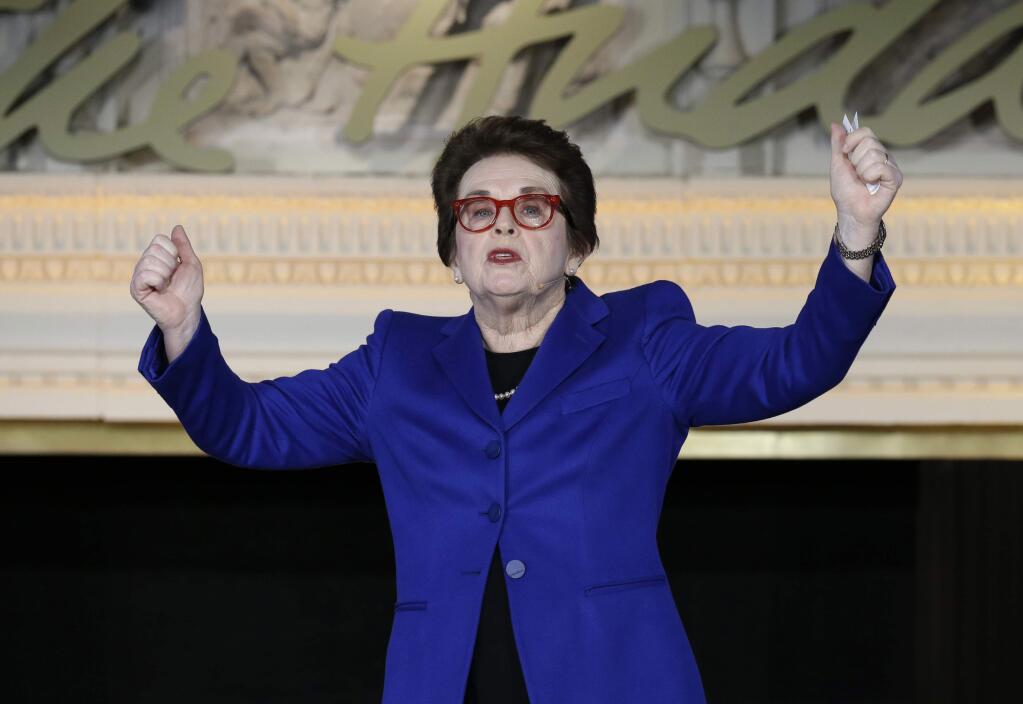 FILE - In this Feb. 4, 2016, file photo, Billie Jean King gestures while speaking at the NFL Women's Summit in San Francisco. Billie Jean King celebrated the 45th anniversary of Title IX at the New York Historical Society, Thursday, June 22, 2017. Title IX, was signed into law on June 23, 1972. It opened doors for girls and women by banning sex discrimination in all federally funded school programs, including sports. (AP Photo/Ben Margot, File)