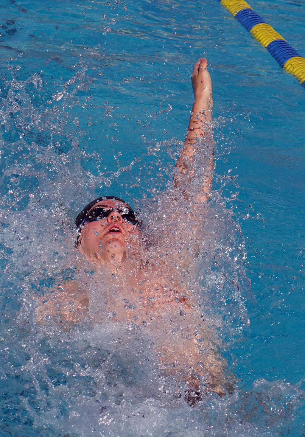 Robbi Pengelly/Index-TribuneJunior Jack Lewis kicks off the Sonoma boys' 200-yard medley relay win with a strong backstroke leg during the Dragons SCL opening win over Healdsburg last Thursday at the Sonoma Aquatic Center pool.