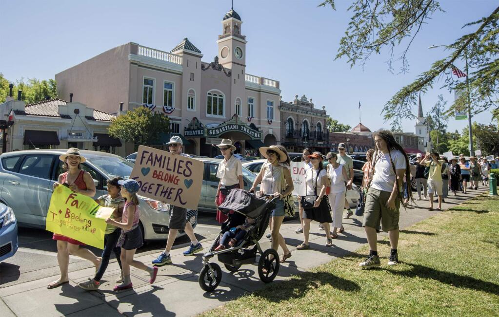 Sonomans came out in force on Saturday morning to join marchers across America protesting Trump's immigration policies - in particular, the separation of children from their parents at the U.S.-Mexican border. Hundreds of people gathered in the center of Sonoma, then marched peacefully around the Plaza, many carrying the homemade signs that expressed their feelings about the current administration and its treatment of illegal immigrant families. (Photo by Robbi Pengelly/Index-Tribune)