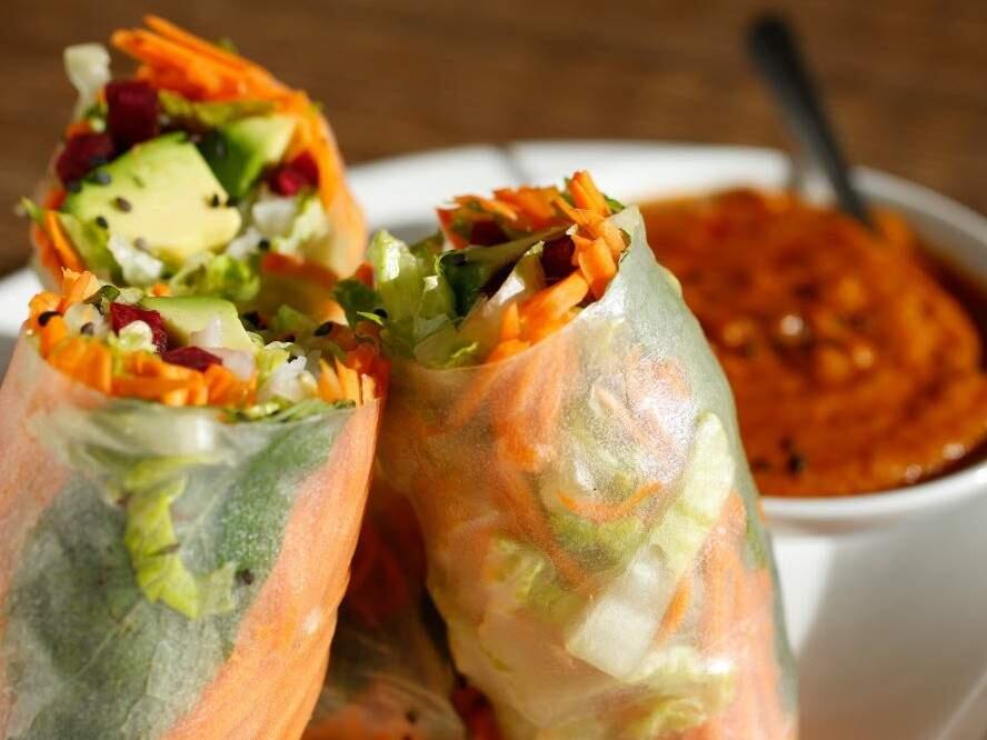 Fresh rolls with lettuce, carrots, beets, avocado, mint, and rice noodles wrapped with rice paper. Served with peanut sauce. Available at Tiny Thai Restaurant, 8238 Old Redwood Highway, Cotati.