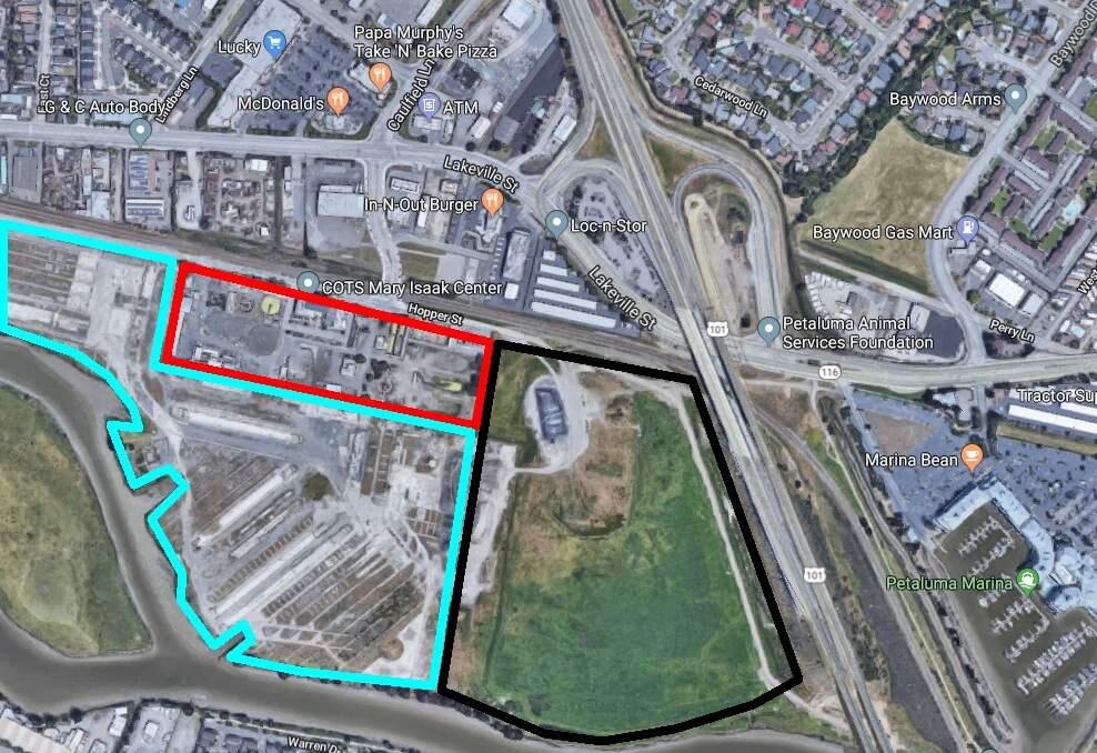 The Petaluma corporation yard, in the former wastewater treatment plant, is in red. The Riverfront development, in black, and the former Pomeroy property, in blue, stand to gain from improvements at the corporation yard.