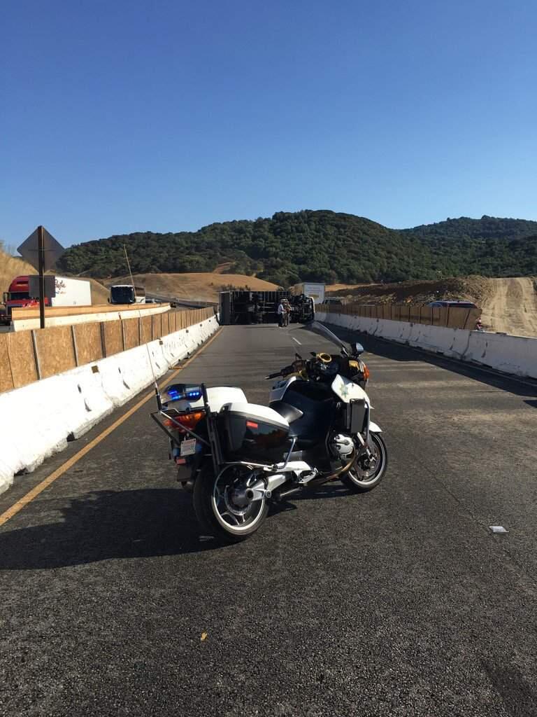 An overturned truck snarled Highway 101 traffic at the start of the evening commute, Wednesday, Aug. 24, 2016. (COURTESY OF CHP)
