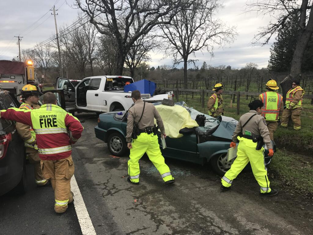 One person died and another was injured Monday afternoon after a driver lost control on Occidental Road and hit a parked tree trimming truck, according to CHP and emergency dispatch reports. (Beth Schlanker, PD)