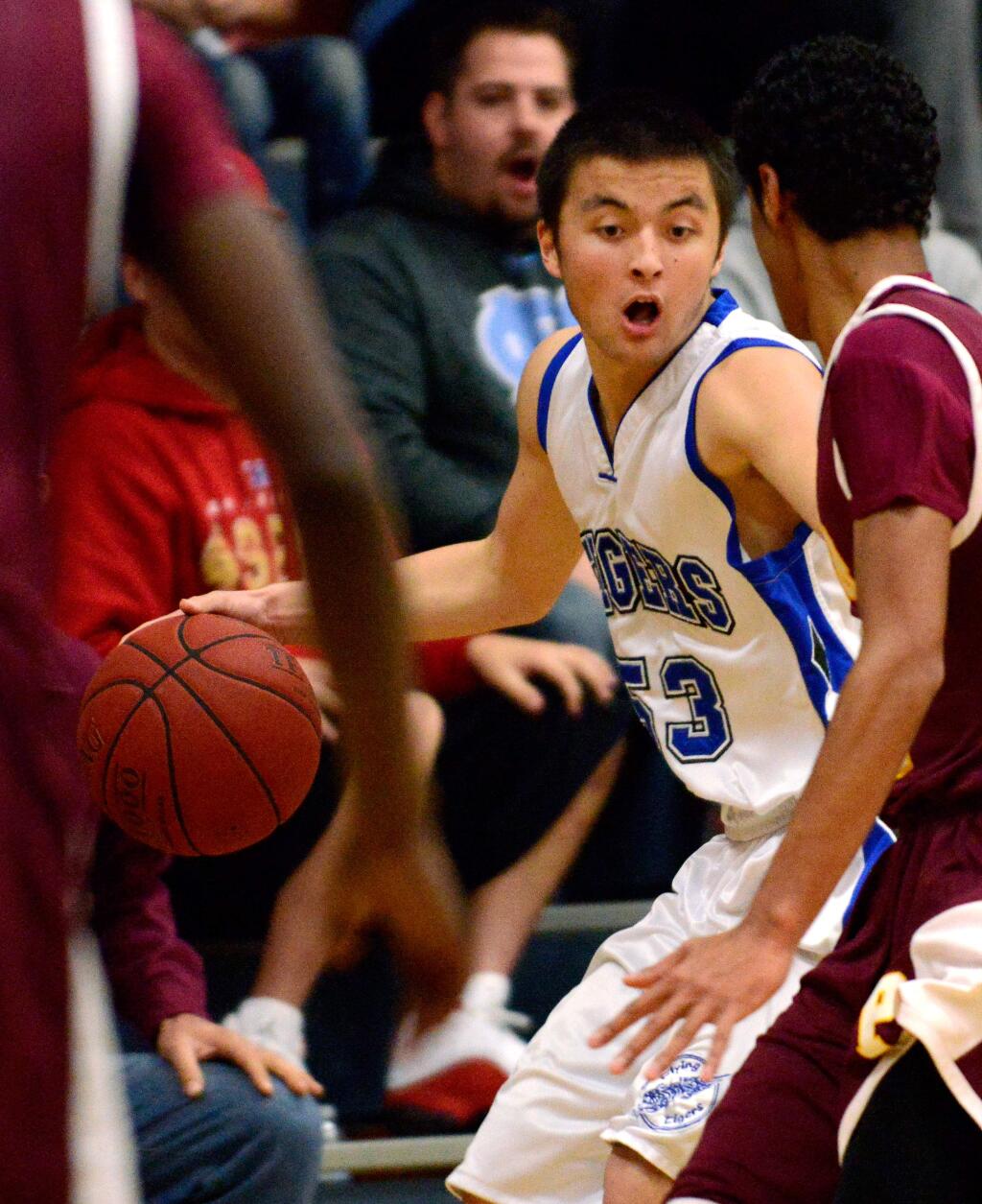 Analy's Nick Fujii (53), seen in this game in Feb. 2014, scored a game-high 18 points to lead Analy past Ukiah 66-52 on Tuesday, Dec. 1, 2015. (Alvin Jornada / The Press Democrat)