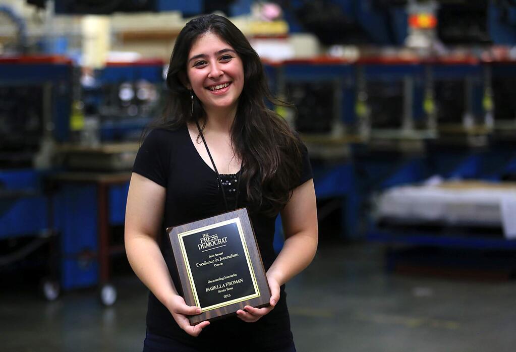 Isabella Froman, the Editor of the Santa Rosan was named the Outstanding Journalist of the Year at The Press Democrat Excellence in Journalism awards ceremony. (JOHN BURGESS / The Press Democrat)