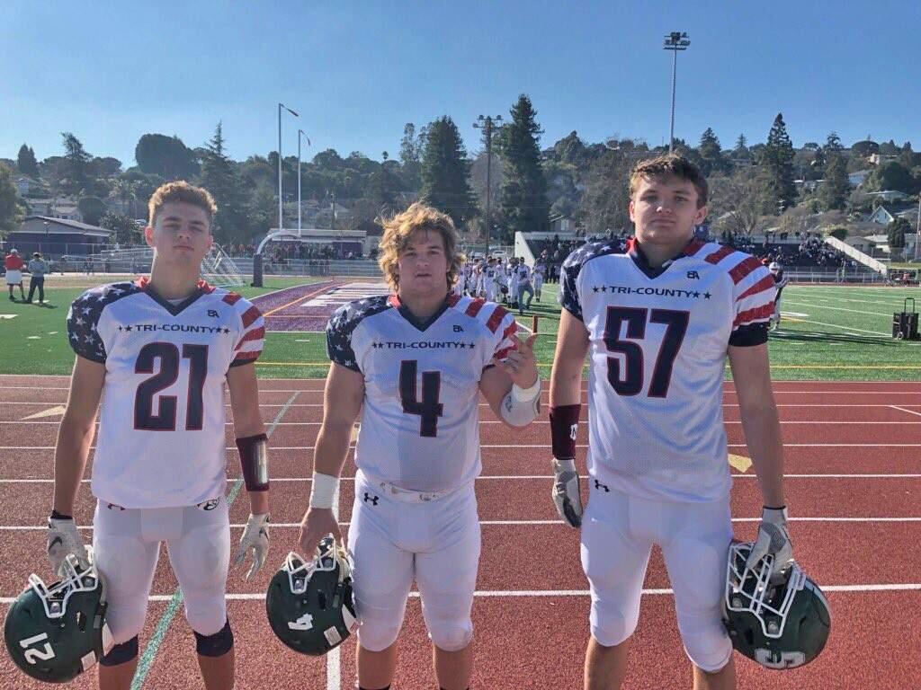 Andrew Beatty (21), Tyler Winslow (4) and Gavin Lehane (57) wear the White jersey for the annual Tri County Tri-County AllStar Game, held Saturday in Petaluma. The three SVHS seniors were selected as VVAL all-stars and the game marked their last as high school athletes. (Submitted)