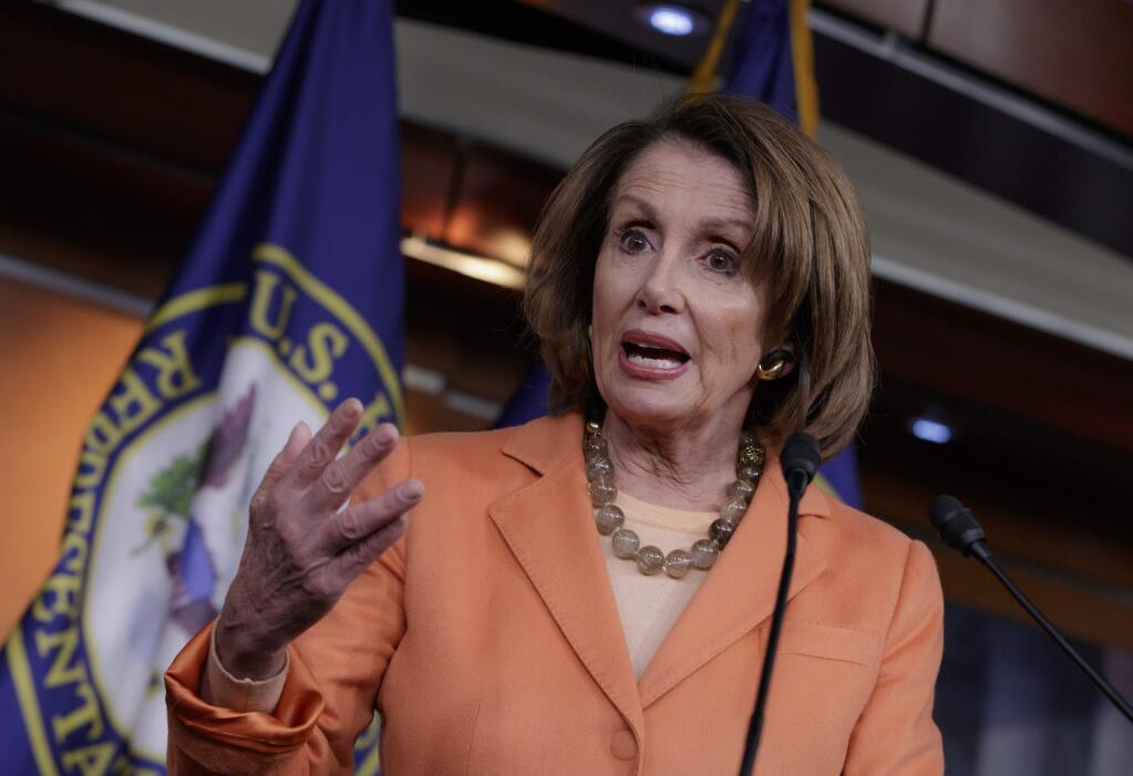 FILE - In this March 2, 2017 file photo, House Minority Leader Nancy Pelosi of Calif. speaks to reporters on Capitol Hill in Washington. (AP Photo/J. Scott Applewhite, File)