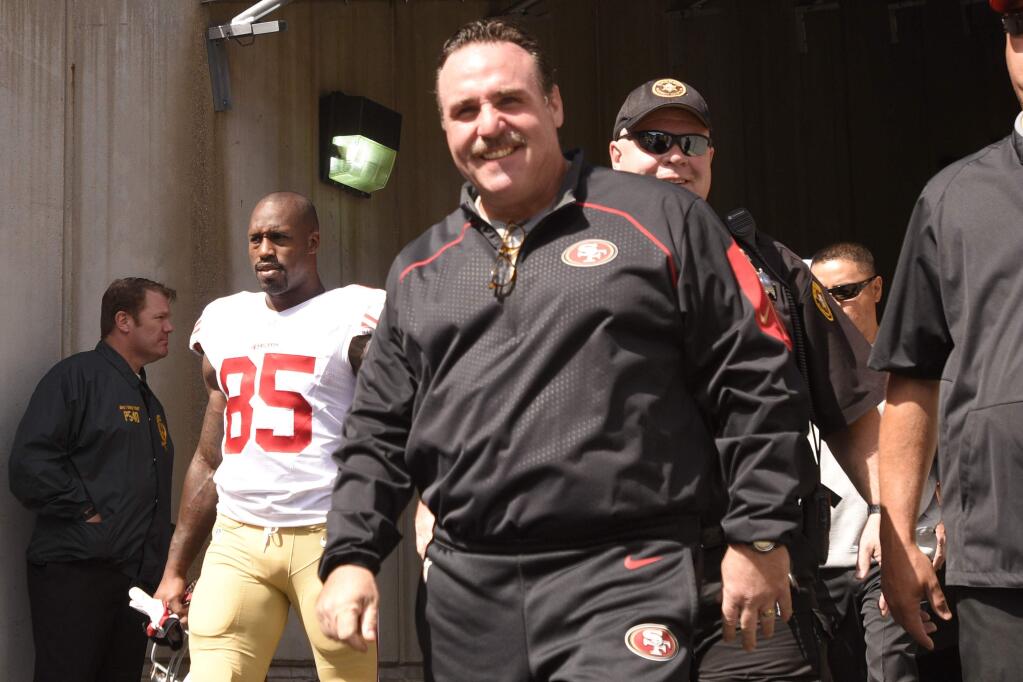 San Francisco 49ers head coach Jim Tomsula takes the field before a game against the Pittsburgh Steelers, Sunday, Sept. 20, 2015, in Pittsburgh. (AP Photo/Keith Srakocic)