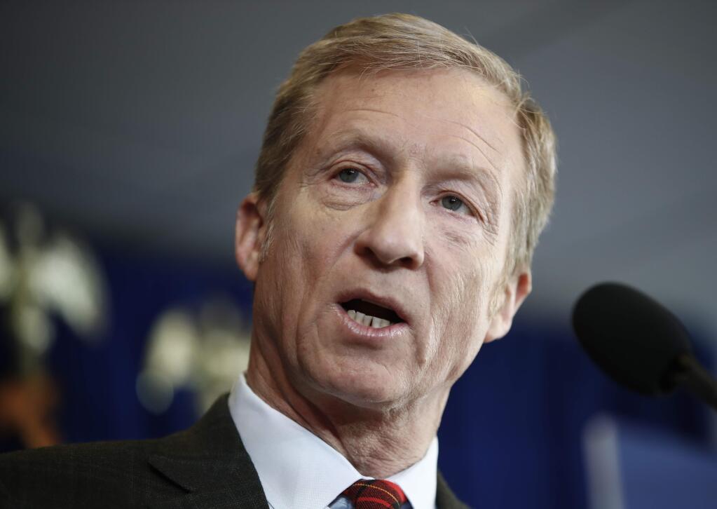 Billionaire environmental activist Tom Steyer speaks during a news conference in Washington, Monday, Jan. 8, 2018. Steyer announced Monday he will spend $30 million to get young voters to the polls in this year's midterm elections. (AP Photo/Carolyn Kaster)