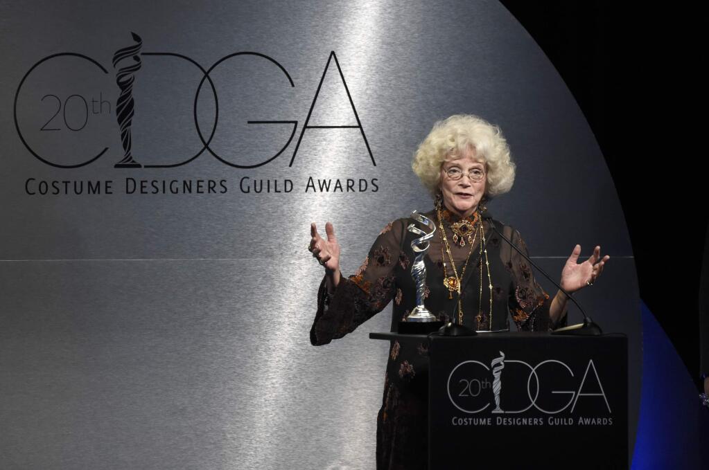 Maggie Schpak accepts the distinguished service award at the 20th annual Costume Designers Guild Awards at The Beverly Hilton hotel on Tuesday, Feb. 20, 2018, in Beverly Hills, Calif. (Photo by Chris Pizzello/Invision/AP)