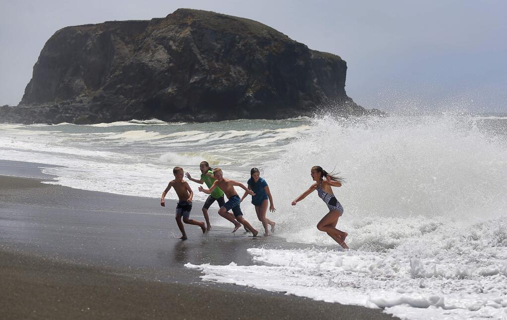 Russell Reed, left, Kate Hatch, Max Reed, Maggie Hatch, and Annabelle Reed, run away from a wave at Goat Rock Beach, south of Jenner on Friday, July 28, 2017. The children, visiting from Cedar Hills, Utah, were later warned of the dangerous surf by a California State Parks lifeguard.(Christopher Chung/ The Press Democrat)