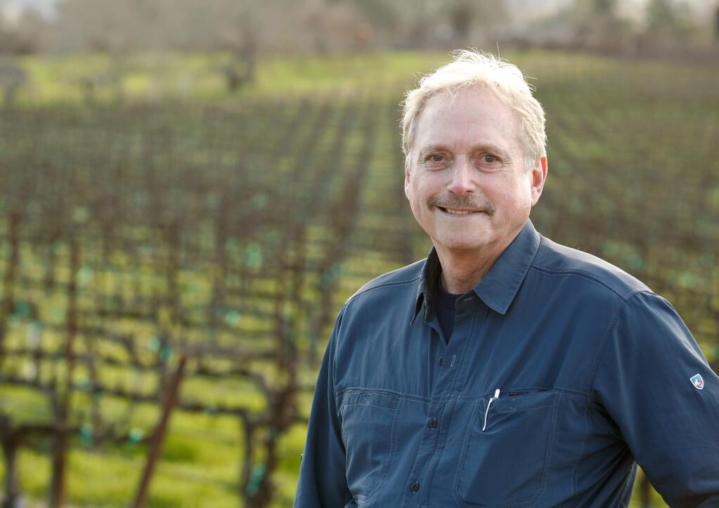 Perry Kozlowski stands above a field of pinot noir grape vines at Kozlowski Farms in Forestville, California on Thursday, February 23, 2017. (Alvin Jornada / The Press Democrat)