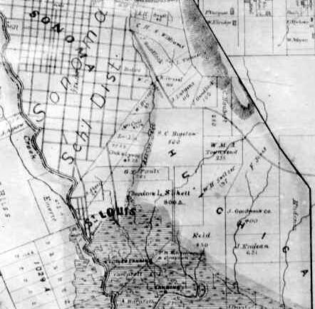 1880 map of Sonoma showing the former town of St. Louis to the south. (Courtesy of the Sonoma County Library)