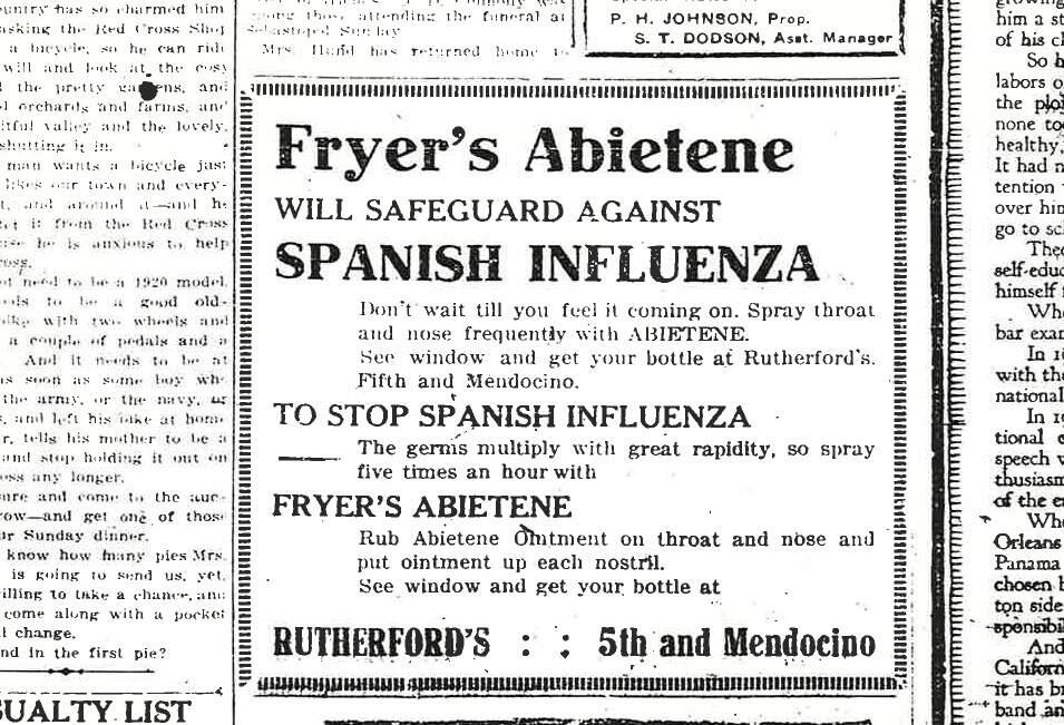 An advertisement for Rutherford's in Santa Rosa alerts custumers about a potential safeguard against the virus during the outbreak of Spanish influenza in 1918.