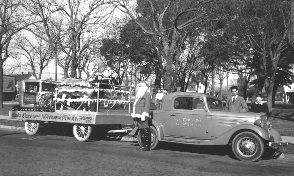 Tomasini's Hardware helps to pull Santa's sleigh in 1935. (Courtesy of the Sonoma County Library-Sonoma Heritage Collection)