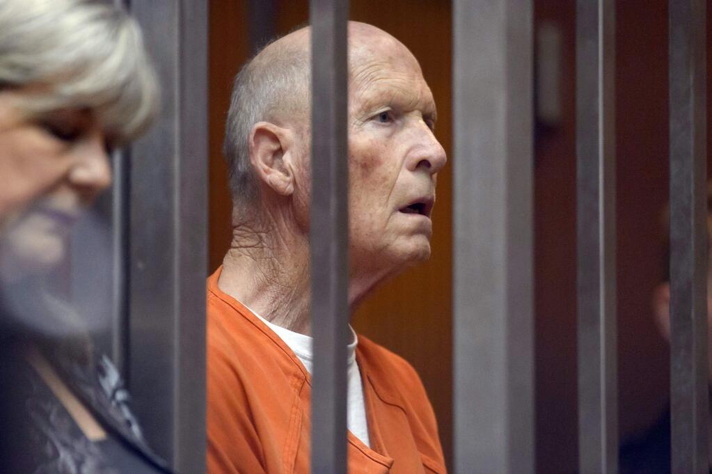 FILE - This Aug. 23, 2018 file photo shows suspected serial killer Joseph James DeAngelo is arraigned in Superior Court in Sacramento, Calif. The trial of the alleged California serial killer could cost taxpayers $20 million. A Sacramento County official said Wednesday, Dec. 5, 2018, the county is asking the state to help pay. DeAngelo is scheduled to appear in court Thursday, Dec. 6, for a routine proceeding. The trial is months away from beginning. (Randall Benton/The Sacramento Bee via AP, Pool, File)