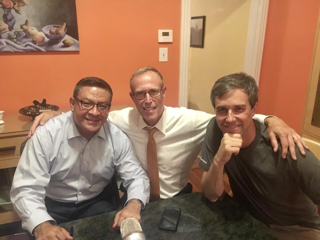Rep. Beto O'Rourke, from right, Rep. Jared Huffman and Rep. Salud Carbajal, D-Santa Barbara, collaborate on a podcast at the house they share on Capitol Hill. (Jared Huffman)