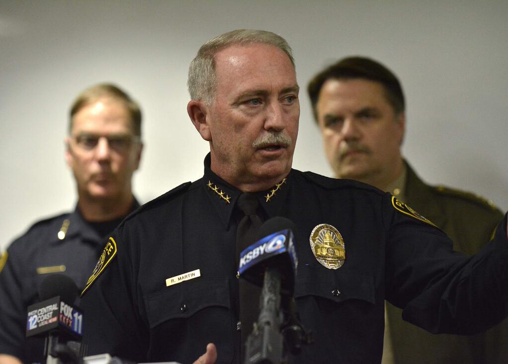 Santa Maria Police Chief Ralph Martin addresses reporters during a press conference about Operation Matador. It was recently revealed that Martin and his department issued a fake press release as a tactic, he said, that saved lives and helped add convincing evidence against the members of MS-13 currently awaiting trial. (Len Wood/The Santa Maria Times via AP)