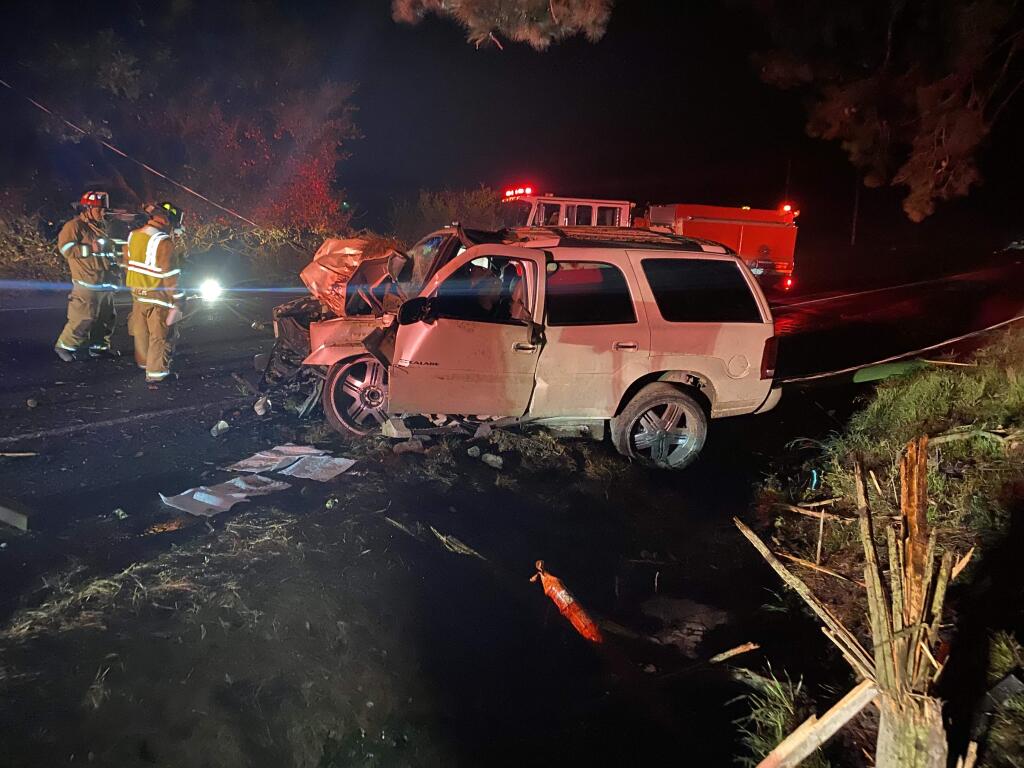 Firefighters respond to a major-injury crash in southern Sonoma County on Mecham Road at about midnight on Tuesday, Dec. 31, 2019. (Rancho Adobe Fire Protection District)