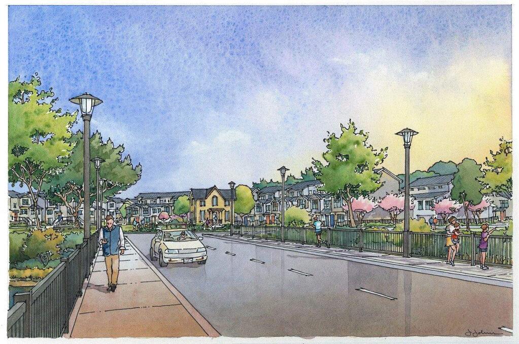 An artist's conception of the Riverbend Crossing development planned for Petaluma's Cedar Grove. URBAN GREEN INVESTMENTS