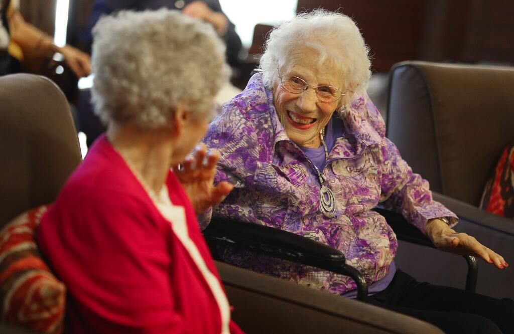 Ann Beach Burow, right, talks with Helen Gardner during their exercise class at Vintage Brush Creek Vintage Senior Living, in Santa Rosa, on Friday, October 16, 2015. Burow will be turning 110-years-old on Friday, October 23, 2015.(Christopher Chung/ The Press Democrat)