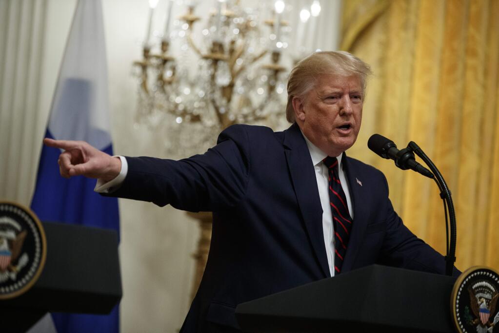 President Donald Trump speaks during news conference with Finnish President Sauli Niinisto in the East Room of the White House, Wednesday, Oct. 2, 2019, in Washington. (AP Photo/Evan Vucci)