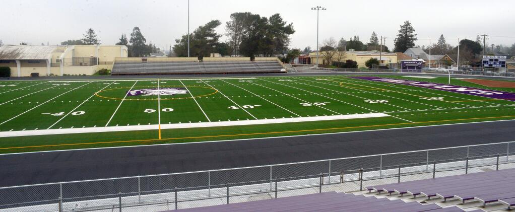 Petaluma High School's new field at Steve Ellison Field is ready for play in January 2018, but work still needs to be done on the track and some of the amenities. (SUMNER FOWLER / FOR THE ARGUS-COURIER)