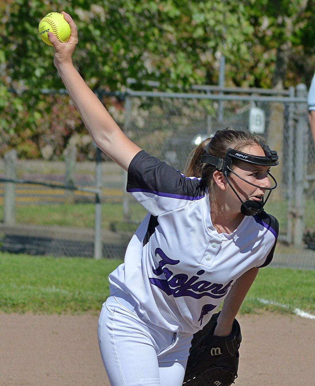 SUMNER FOWLER PHOTOS/FOR THE ARGUS-COURIERPetaluma's Mandy O'Keefe (above) and Casa Grande's Katie Machado hooked up in a masterful pitching duel won by O'Keefe's T-Girls, 1-0.