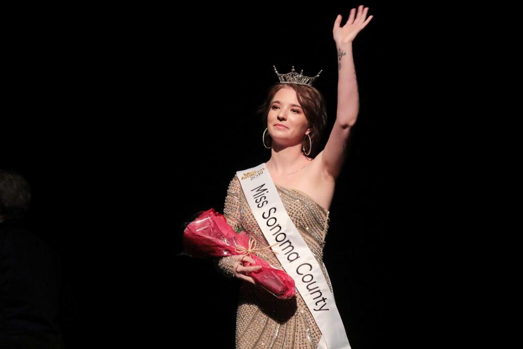 Rhiannon Jones takes a final bow as Miss Sonoma County 2019 at Spreckels Performing Arts Center in Rohnert Park on Saturday, March 7, 2020. (Will Bucquoy/For the Press Democrat)