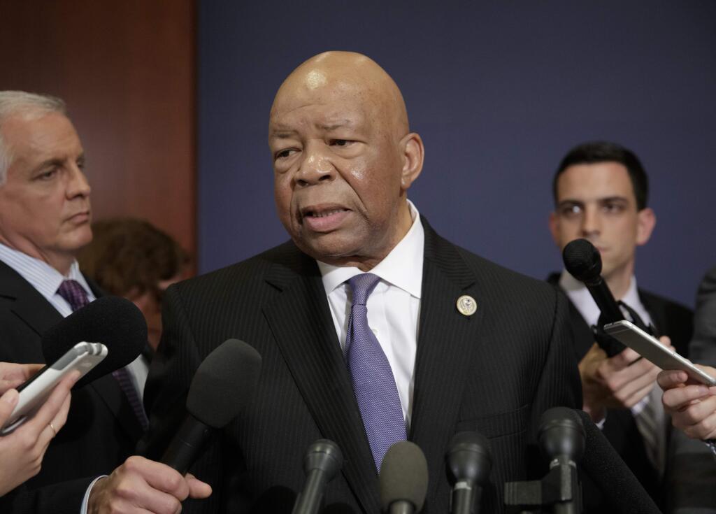 Rep. Elijah Cummings, D-Md., ranking member of the House Oversight Committee, speaks to reporters on Capitol Hill in Washington, Friday, May 19, 2017, after members of the House of Representatives were briefed by Deputy Attorney General Rod Rosenstein about the controversy over President Donald Trump's firing of FBI Director James Comey. (AP Photo/J. Scott Applewhite)